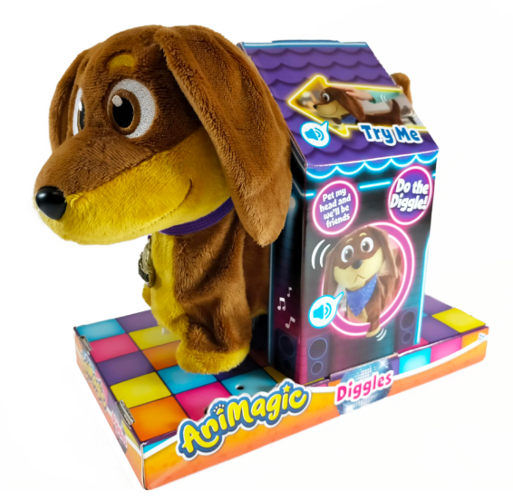 Het speelgoedhondje Animagic Diggles in de verpakking vanuit een linkerhoek