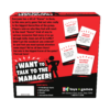 De achterkant van de doos van het grappige partyspel I Want To Talk To The Manager