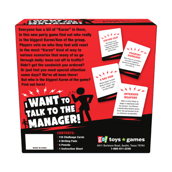 De achterkant van de doos van het grappige partyspel I Want To Talk To The Manager