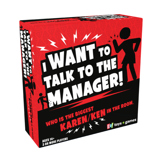 De doos van het grappige partyspel I Want To Talk To The Manager vanuit een linkerhoek