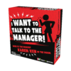 De doos van het grappige partyspel I Want To Talk To The Manager vanuit een rechterhoek