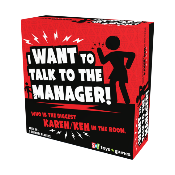 De doos van het grappige partyspel I Want To Talk To The Manager vanuit een rechterhoek