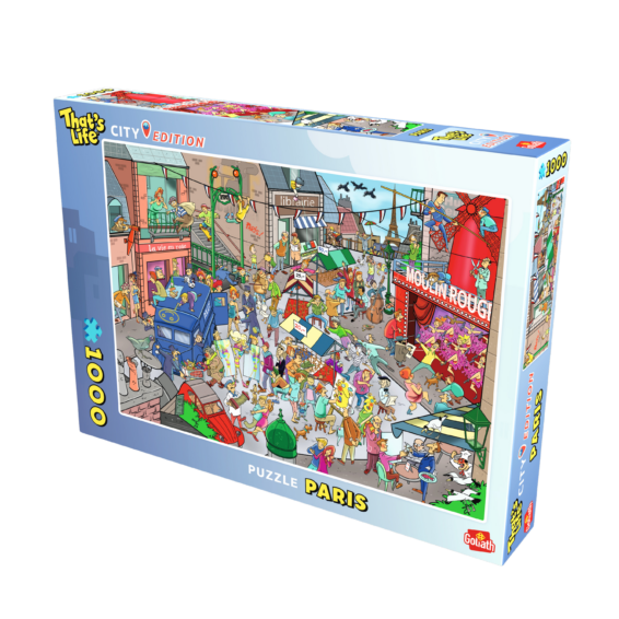 De doos van de That's Life City Edition Paris puzzel vanuit een rechterhoek