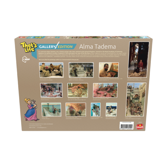 De achterkant van de doos van de That's Life Gallery Edition Alma Tadema