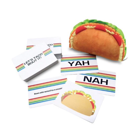 De inhoud van de doos van het partyspel Let's Taco Bout It