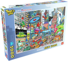 De doos van de That's Life City Edition New York puzzel vanuit een linkerhoek