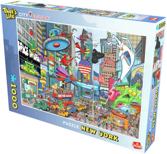 De doos van de That's Life City Edition New York puzzel vanuit een rechterhoek