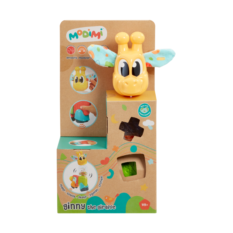 De voorkant van de doos van Modimi Ginny de Giraf