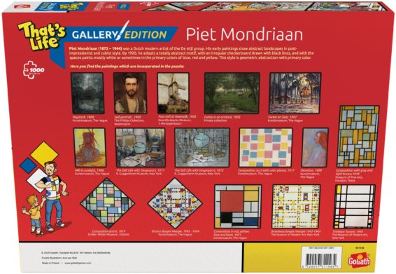 De achterkant van de doos van de That's Life Gallery Edition Piet Mondriaan puzzel