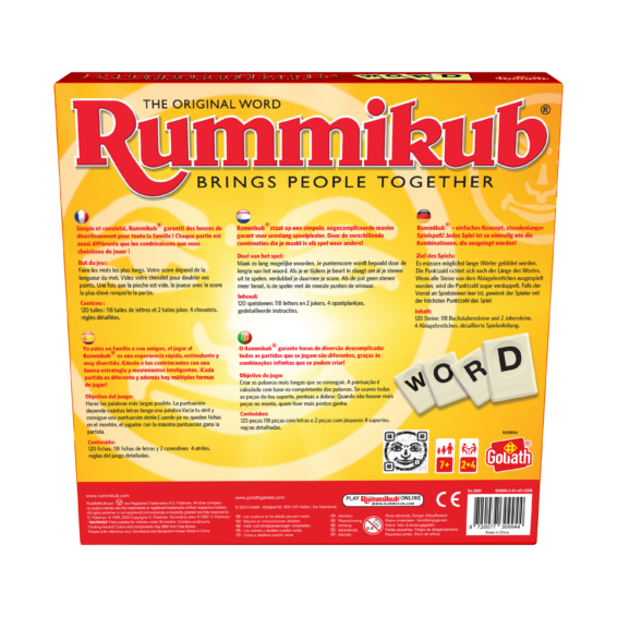 De achterkant van de doos van het familiespel Rummikub Word