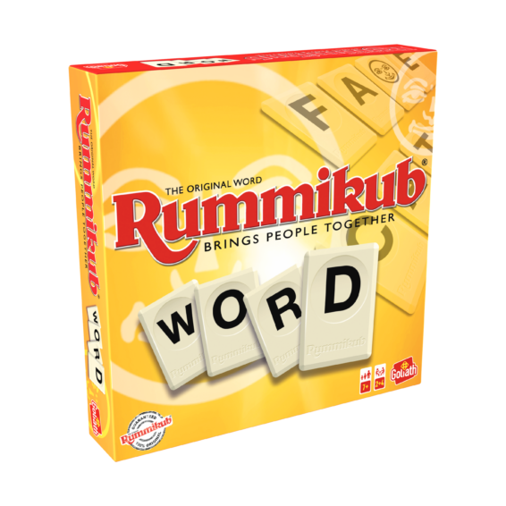 De doos van het bordspel Rummikub Word vanuit een linkerhoek