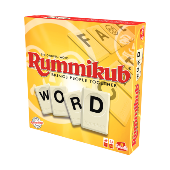 De doos van Rummikub Word vanuit een rechterhoek