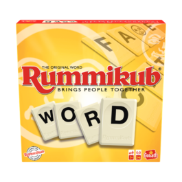 De voorkant van de doos van het familiespel Rummikub Word