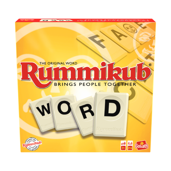 De voorkant van de doos van het familiespel Rummikub Word
