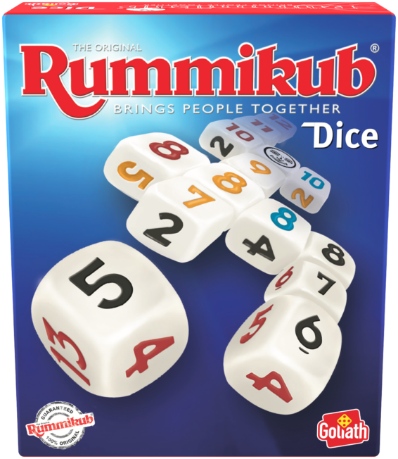 De voorkant van de doos van het spel Rummikub Dice