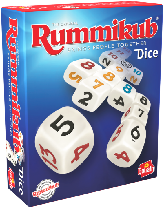 De doos van het spel Rummikub Dice vanuit een linkerhoek