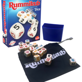 De doos en de inhoud van het strategische dobbelspel Rummikub Dice