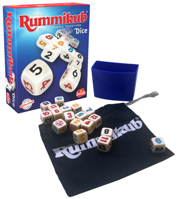 De doos en de inhoud van het strategische dobbelspel Rummikub Dice