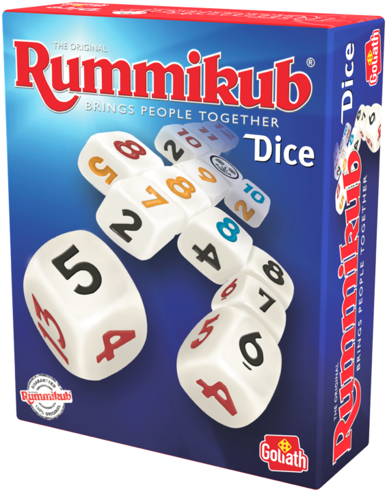 De doos van het strategische bordspel Rummikub Dice vanuit een rechterhoek