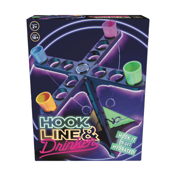 De voorkant van de doos van het drankspel Hook, Line and Drinker