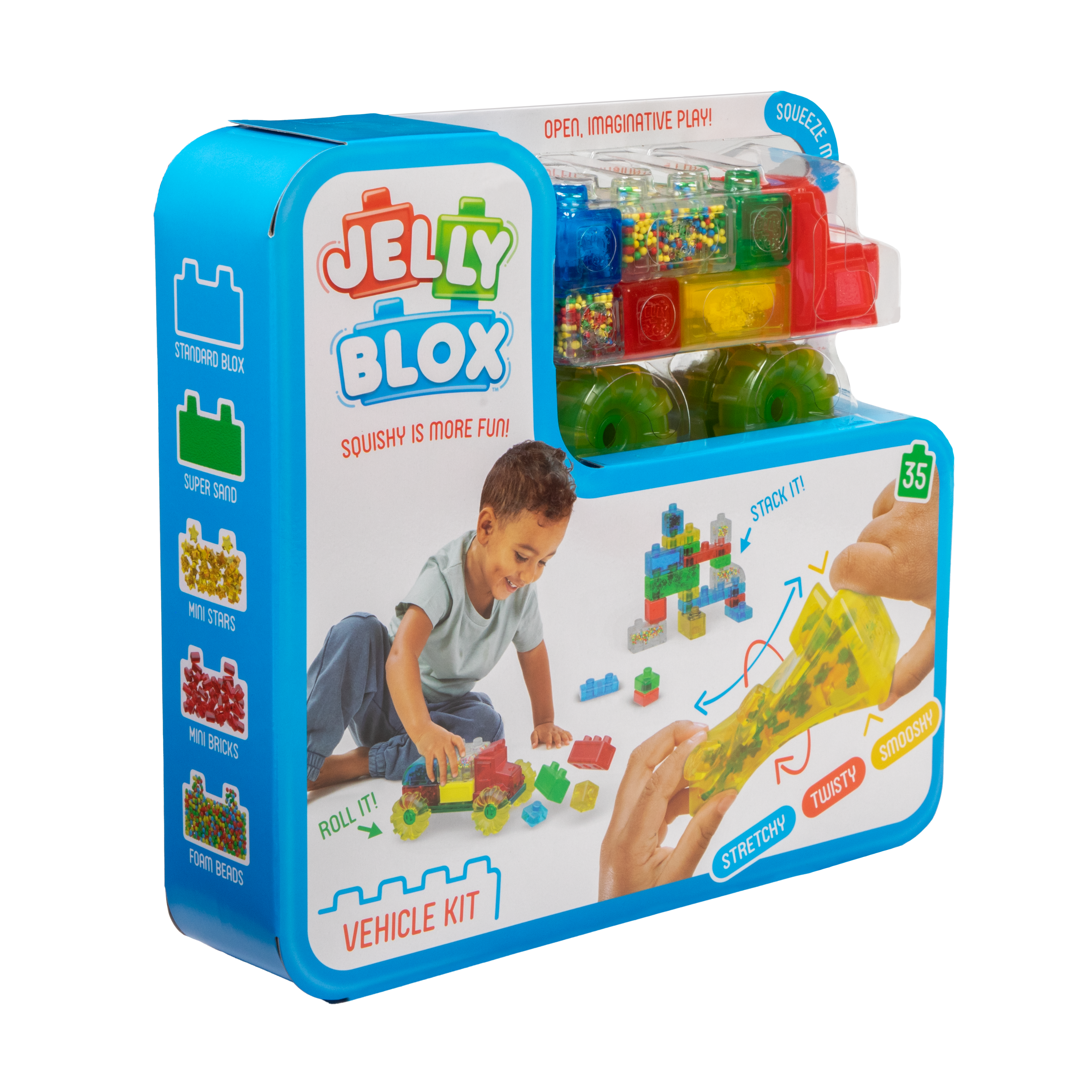 De doos van de Jelly Blox Truck Kit vanuit een linkerhoek