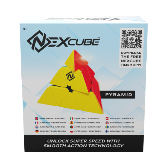 De achterkant van de doos van de breinbreker puzzel Nexcube Pyramid