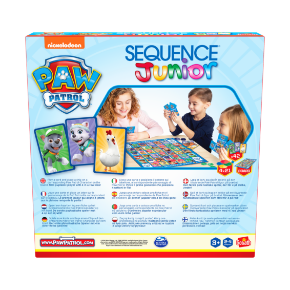 De achterkant van de doos van het bordspel Sequence Junior Paw Patrol