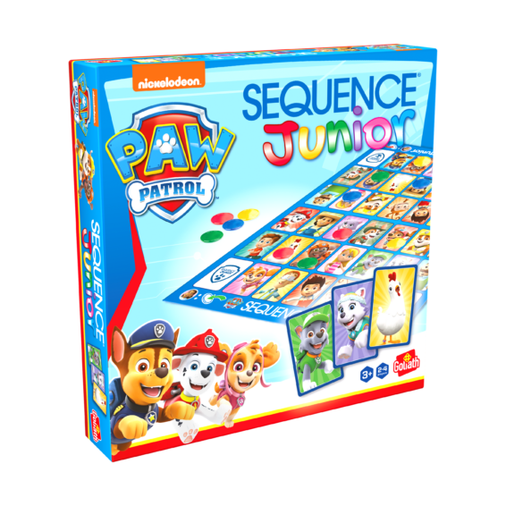 De doos van het bordspel Sequence Junior Paw Patrol vanuit een linkerhoek