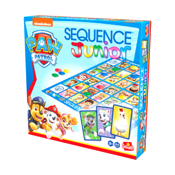 De doos van het strategische kinderspel Sequence Junior Paw Patrol vanuit een rechterhoek