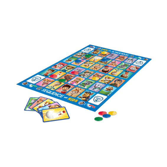 Het speelbord met de kaarten en fiches van het Kinderspel Sequence Junior Paw Patrol