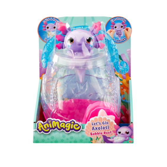 De voorkant van de doos van de Let's Glo Axolotl Aquarium