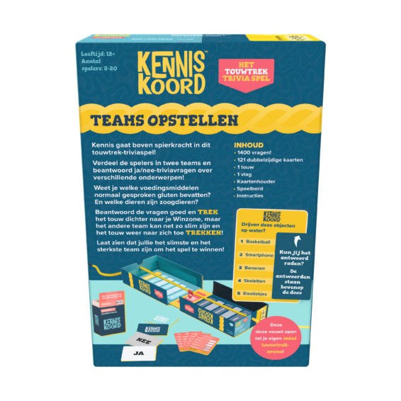 De achterkant van de doos van het partyspel KennisKoord