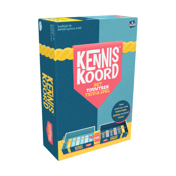De doos van het partyspel KennisKoord vanuit een linkerhoek