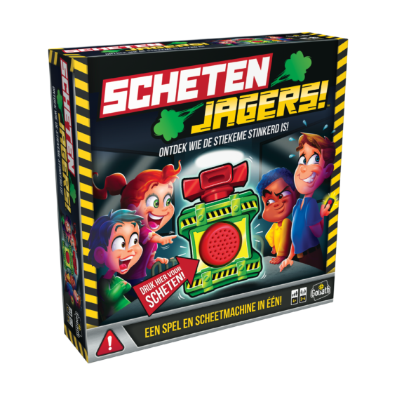 De doos van het kinderspel Schetenjagers vanuit een linkerhoek