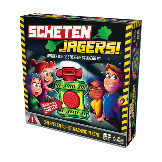 De doos van het kinderspel Schetenjagers vanuit een rechterhoek