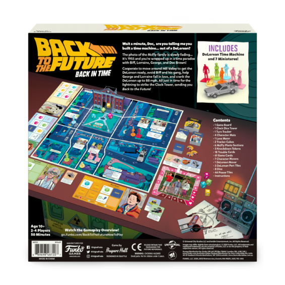 De achterkant van de doos van het bordspel Back to the Future Back in Time