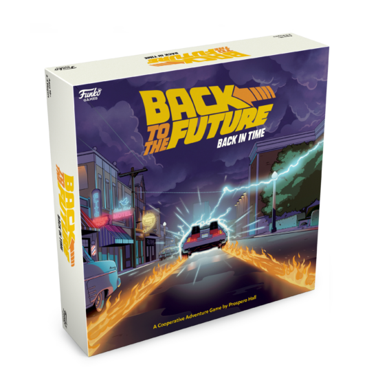 De doos van het spannende bordspel Back to the Future Back in Time vanuit een linkerhoek