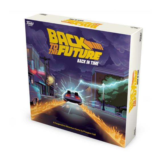De doos van het coöperatieve bordspel Back to the Future Back in Time vanuit een rechterhoek