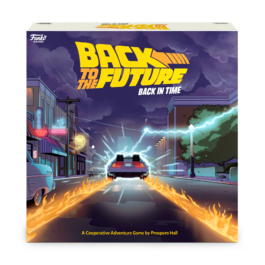 De voorkant van de doos van het coöperatieve bordspel Back to the Future Back in Time