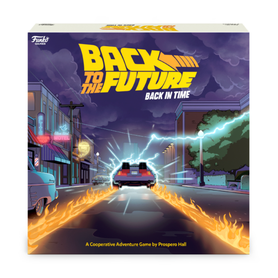 De voorkant van de doos van het coöperatieve bordspel Back to the Future Back in Time