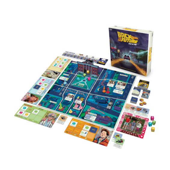De doos en de inhoud van het bordspel Back to the Future Back in Time