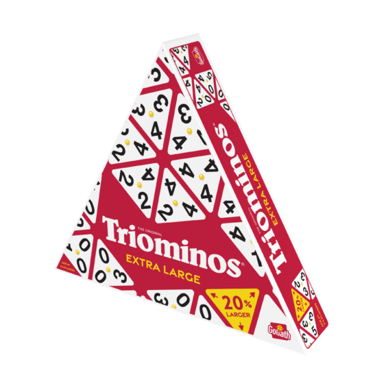 De doos van het familiespel Triominos Extra Large vanuit een rechterhoek