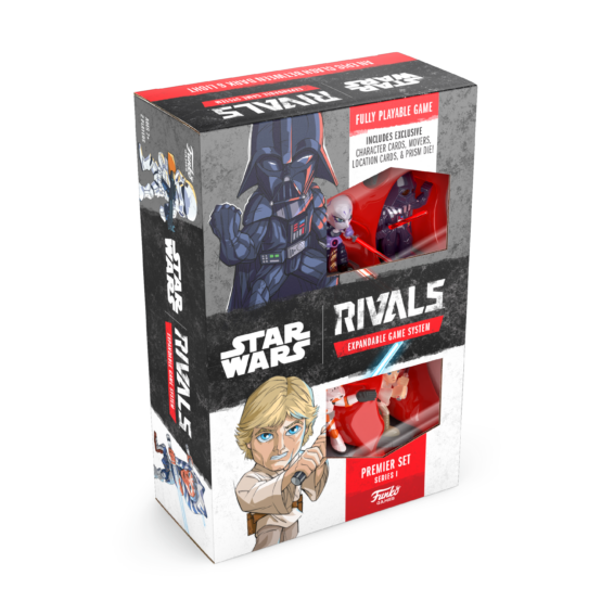 De doos van het collectable spel Star Wars Rivals Premier Set vanuit een linkerhoek