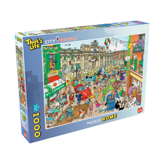 De doos van de legpuzzel That's Life City Edition Rome vanuit een linkerhoek