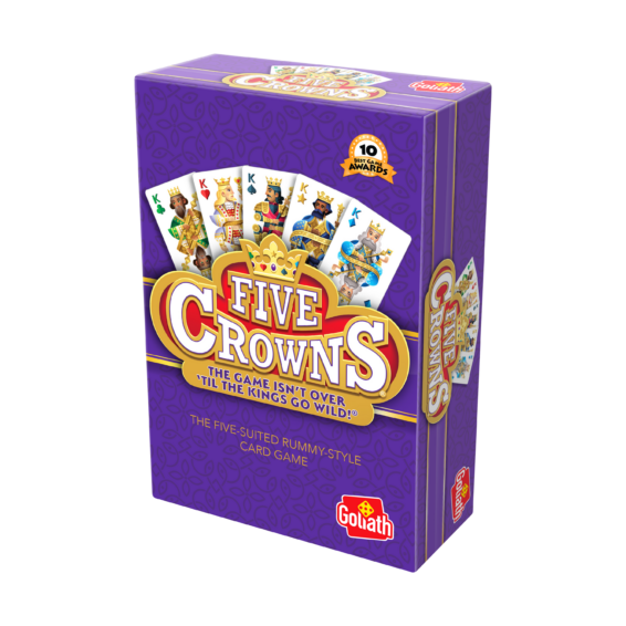 Doos Five Crowns Rechterhoek De doos van het kaartspel Five Crowns vanuit een rechterhoek