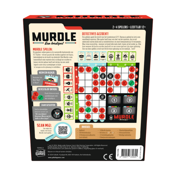 De achterkant van de doos van het strategische bordspel Murdle het Bordspel