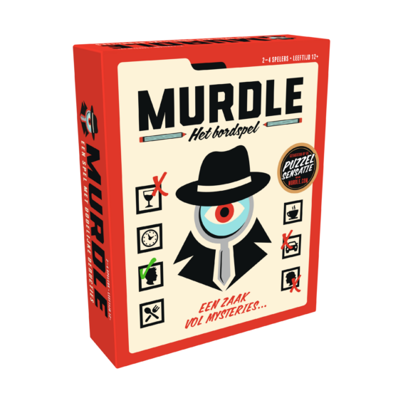 De doos van het strategische bordspel Murdle het Bordspel vanuit een linkerhoek