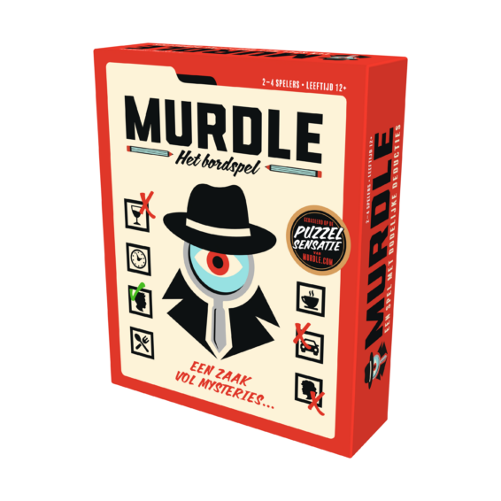 De doos van het crime spel Murdle het Bordspel vanuit een rechterhoek