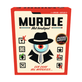 De voorkant van de doos van het strategische crime spel Murdle het Bordspel