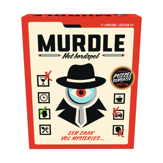 De voorkant van de doos van het strategische crime spel Murdle het Bordspel
